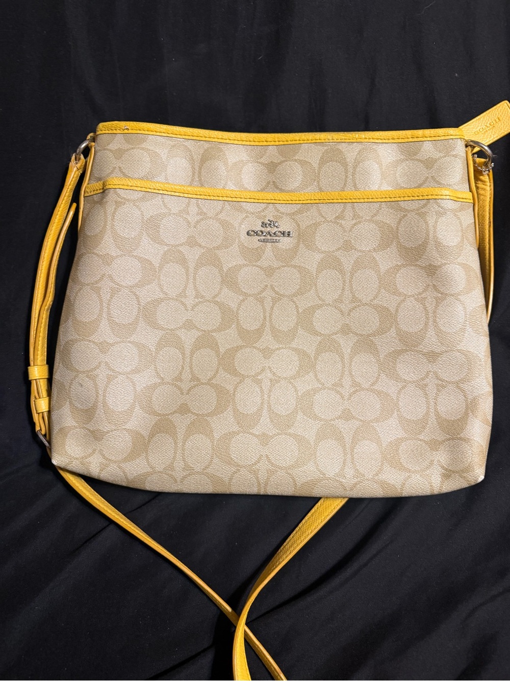 Coach Beige Signature Crossbody with Yellow Trim